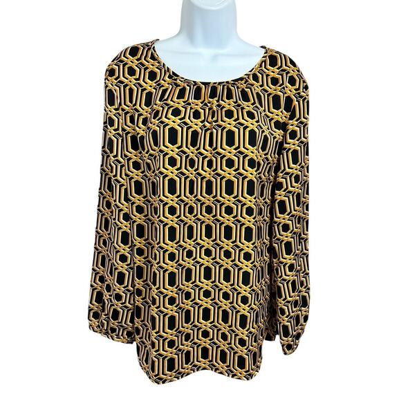 Croft & Barrow Blouse Sz XL Long-Sleeves Geometric Print Black Gold Top Loose - Picture 2 of 7
